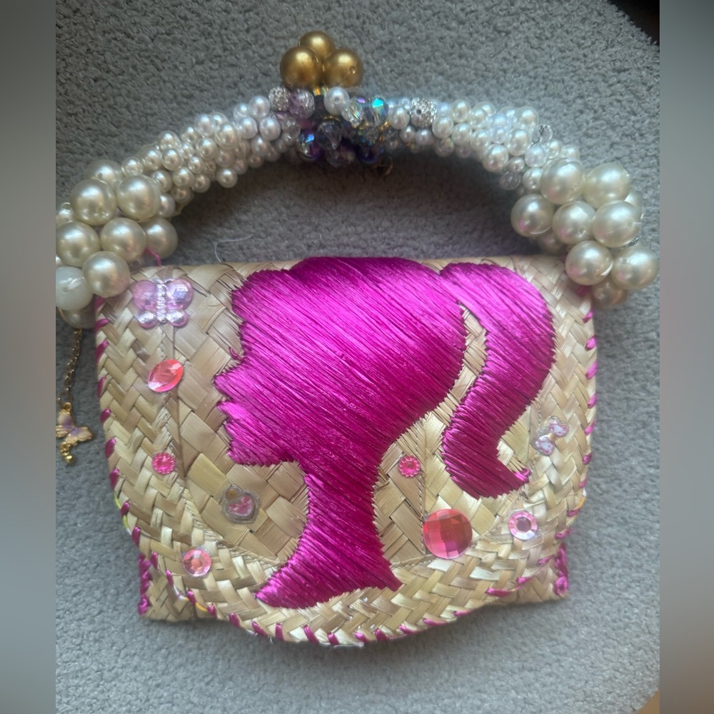 Pink and Tan Woven Handbag with Pearl Handle - Picture 5 of 5